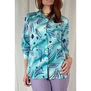 80’s Vintage ‘Susan Graver’ Blue Novelty Print Button Down Top